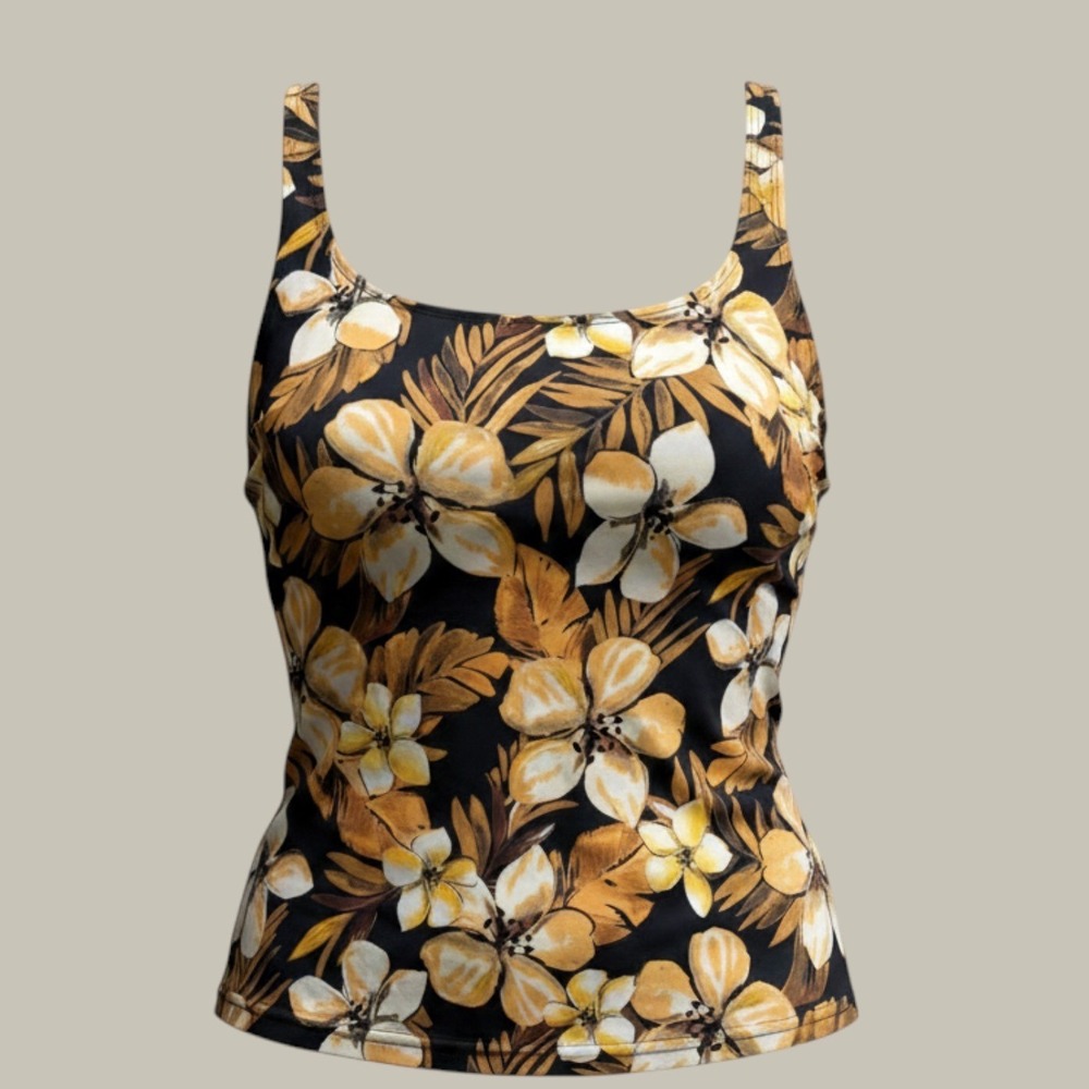 Beach Belle Tankini Top Womens 2X Black Gold Floral Excellent Side Tie Blouson
